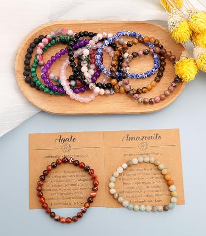 BOMAIL 12PCS 6MM Gemstones Beaded Bracelet for Women Healing Crystal Stone Bracelets Round Beads Semi-Precious Stretch Bracelet Set Unisex Jewelry