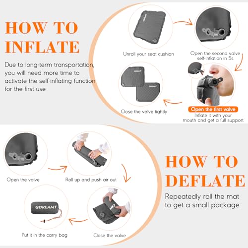 Inflatable Stadium Seat Cushion, Self-Inflating Memory Foam Airplane Seats Cushion for Long Flight Lightweight & Compact Chair Sitting Pad for Travel Camping Bleachers Office Sports Events