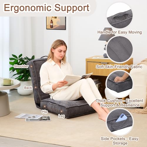 Adjustable Floor Chair with Back Support, 6-Position, Folding Japanese Meditation Tatami Chair, Comfy Gaming Chairs for Adults, Accent Sofa Reading Chairs, Living Room, Bedroom, Dark Grey - color: Dark Grey