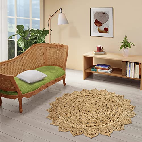 Handwoven Jute Area Rug 4 feet Round Natural Fiber Boho Soft Braided Rustic Vintage Beige Reversible EcoFriendly Rugs Farmhouse Indoor Kitchen Bedroom Living Room Hallways (4'Round) - color: Natural- 04, size: 4' (Round)