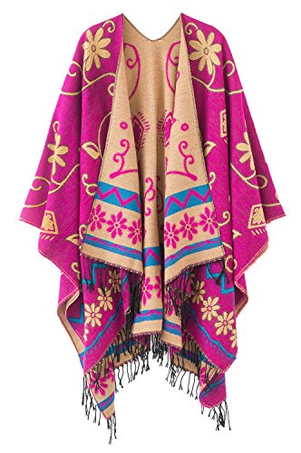 Urban CoCo Women's Retro Style Vintage Pattern Tassel Poncho Shawl Cape Wraps For Women - color: Series1-pink