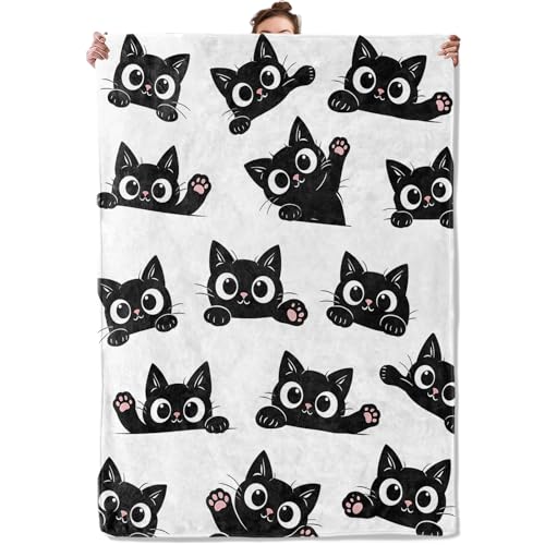 Playful Black Cat Throw Blanket, Minimalist Cartoon Kitten and Paw, Soft Flannel Fleece, 50x60 Inch, Sofa Bedroom Dorm Blankets for Pet Lovers, Cozy Funny Home Decor Birthday Gifts - color: Black Cat, size: 60x50 INCH