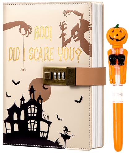 CAGIE Journal with Lock for Women Men, A5 Locked Journal with Pumpkin Pen Set, Halloween Notebook with Combination Lock 192 Pages Diary with Lock, 5.7x 8.3 Inches, White