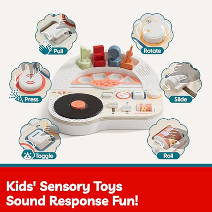 TOP BRIGHT DJ Music Busy Board - Wooden Toddler Toys for Boys and Girls，Montessori Sensory Toy with 14 Activities with Sound Blocks, Portable Travel Toy for 18M+
