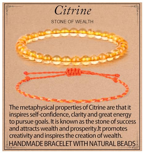 QOGIR 2pcs Handmade Healing Bracelet, Natural Gem Stone Crystal Elastic Bracelet - color: Citrine(Stone of Wealth), size: 4mm