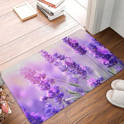 Lavender Flower Print Flannel Anti-Slip Mat 16x24in Polyester Floor Covering, Full Single-Side Printed - color: Lavender Flower