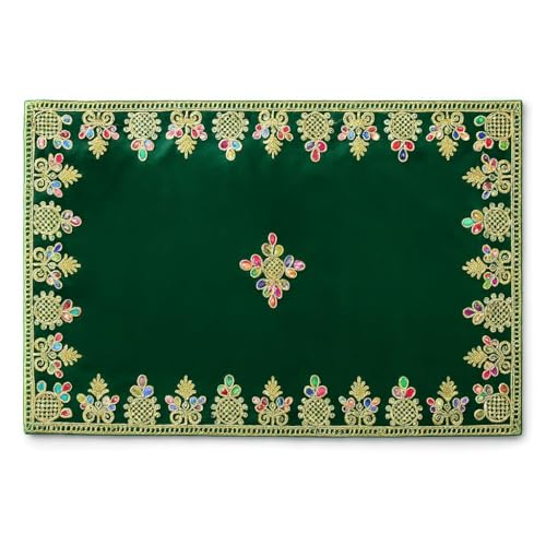 Handcrafted Velvet Puja Chowki Aasan Cloth with Rich Golden Zari Embroidery, Traditional Indian Decorative Pooja Altar Cover for Home Mandir, Temple Décor - 15x9 Inch (Green) - color: Green