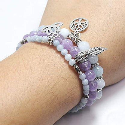 Tree of Life Yoga Healing Stone Bracelets,Multilayer Lotus Chakra Stone Reiki Bracelet Sets,Anxiety Crystal Natural Stone,for Women Stress Relief - style: Aquamarine + Amethyst