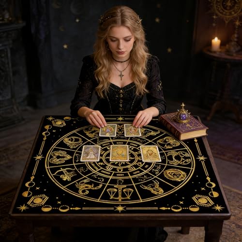 Tarot Altar Cloth Twelve Zodiac Signs Card Table Tablecloth Celestial Golden Sun Tablecloth with Tarot Bag for Reading Rituals Crystals Spiritual Divination Witchcraft Supplies - color: Twelve Zodiac Signs