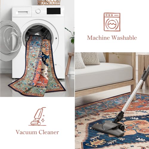 Lahome 8 x 10 Area Rugs for Living Room Boho Washable Non-Slip Backing Large Rug Ultra-Thin Stain Resistant Dining Room Rugs for Under Table, Oriental Print Rugs for Bedroom Adelyn (Rust, 8'x10')