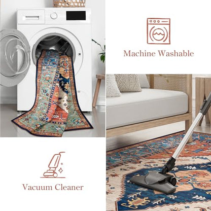 Lahome 8 x 10 Area Rugs for Living Room Boho Washable Non-Slip Backing Large Rug Ultra-Thin Stain Resistant Dining Room Rugs for Under Table, Oriental Print Rugs for Bedroom Adelyn (Rust, 8'x10')