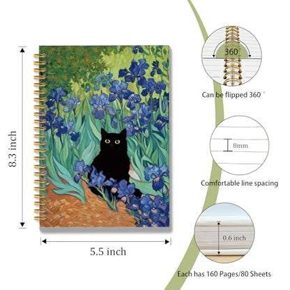 ROXMART Irises Floral Black Cat Spiral Notebook, Black Cat Gifts Journal, Cats Lover Gifts for Women, Abstract Flower Field Kitty Kitten Hardcover Notebook Journal, 5.5x8.3 Inch - color: Style07