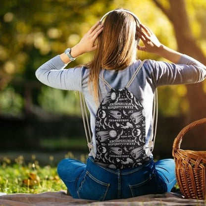 Skull Moon Sun Gothic Witch Board Seamless Black Portable Canvas Drawstring Backpack with Drawstring Pockets 35x50cm - color: Skull Moon Sun Gothic Witch Board Seamless Bl, size: 35x50cm