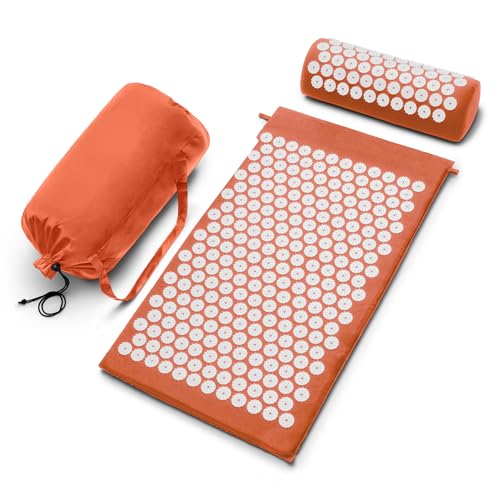 Sivan Health and Fitness Acupressure Mat and Pillow Set - Grounding Mat for Stress, Back & Neck Pain - Acupuncture Point Massage Mat for Muscle Relaxation, Sciatica, & Meditation - Includes Carry Bag - color: Orange/White, size: Large