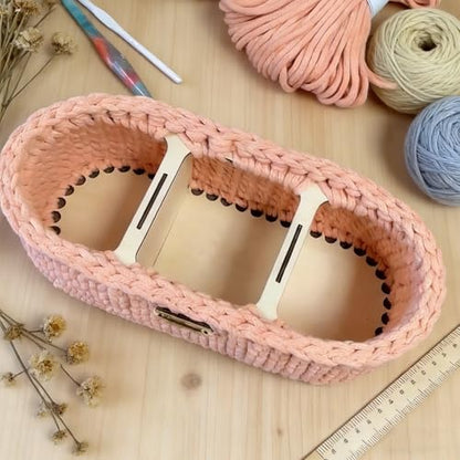 2pcs 9mm Hole Crochet Organizer Basket Base, HSSZXFR Oval Shape Wooden Basket Bottom with Divider and Lid, Three-Compartment Design, 30x15cm/11.8"x5.9", for DIY Basket Weaving Craft Making Supplies