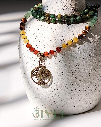 Bivei 7 Chakra 108 Mala Beads Bracelet Real Gemstone Yoga Meditation Hand Knotted Mala Prayer Bead Necklace - size: 6mm, style: Life Tree - African Turquoise