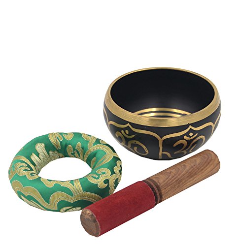 DharmaObjects Relaxing Yoga Meditation Om Peace Singing Bowl/Silk Cushion/Rosewood Mallet Set (Medium, Black) - color: Black, size: Medium
