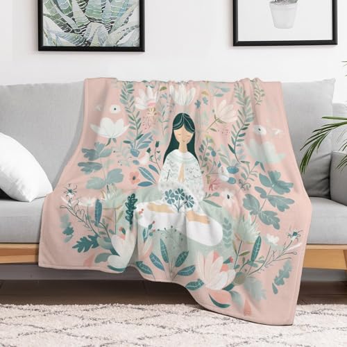 Cartoon Meditation Woman Throw Blanket, Soft Cozy Warm Flannel Cute Lotus Flower Botanical Blanket for Couch Sofa Bed, 50"x60" - color: Cartoon Meditation Woman, size: 50"x60"