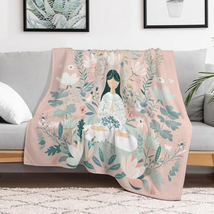 Cartoon Meditation Woman Throw Blanket, Soft Cozy Warm Flannel Cute Lotus Flower Botanical Blanket for Couch Sofa Bed, 50"x60" - color: Cartoon Meditation Woman, size: 50"x60"