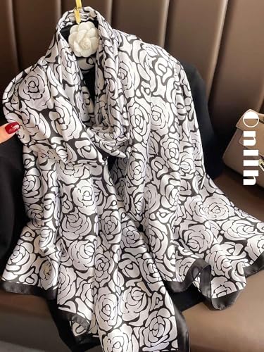 Large Shawl Scarf For Women Lightweight Wraps Silky Headscarf Long Sunscreen Scarfs - color: T25 Black and White Rose / 70"x 35"