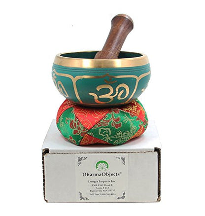 DharmaObjects Tibetan Relaxing Om Singing Bowl/Cushion/Mallet (Green) - color: Green, size: Small