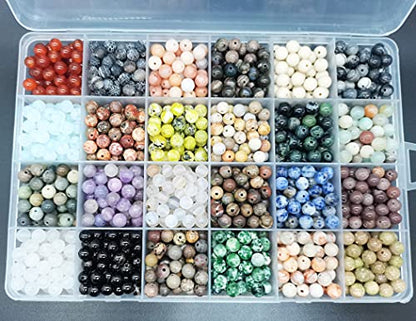 1200pcs 6mm Natural Round Stone Beads - Gemstone Loose Beads Hole Size 1mm for Bracelet Necklace Earrings Jewelry Making, Box Packed (24 Material-2, 6mm) - color: 24 material -2,6mm, size: 6mm