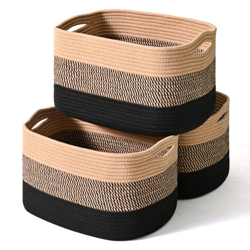 ICERZCZ Storage Baskets for Organizing Shelves, Decorative Baskets for Storage, Woven Cotton Rope Basket for Living Room Bedroom Nursery, 15"x11"x9.5", 3 Packs, Gradient Black & Jute - color: Gradient Black & Jute, size: 15"(l)×11"(w)×9.5"(h)