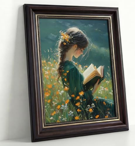 Vintage Dark Brown Framed Girl Books Canvas Wall Art Inspirational Kids Educational Wall Decor Picture Girl Reading On The Grass Poster Print for Children'S Room Living Room Bedroom Home Decoration - color: Girls' Books, size: 11"L x 9"W