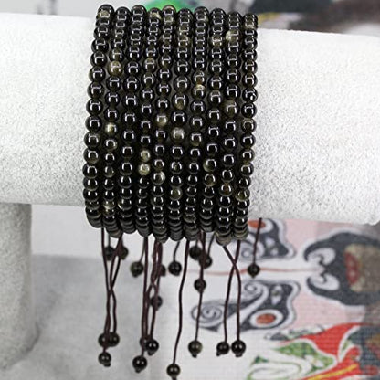 Keleny Natural Gemtones 4mm Round Beads Crystal Adjustable Braided Macrame Tassels Bracelets Unisex - color: Golden Obsidian