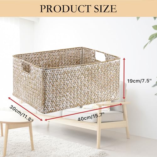 Hipiwe Seagrass Storage Basket Bin Rectangular Handwoven Wicker Storage Box with Handle Opened Baskets Box for Shelf Organizing Closet Bathroom, 15.7" L x 11.8" W x 7.5" H