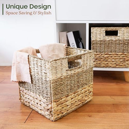 13x13x13 Storage Cube Bins Wicker Storage Basket for Cube Shelf, Natural Foldable Square Baskets for Storage, Large Woven Cube Storage Bin with Handle, Baskets for Pantry, Bedroom Set of 4