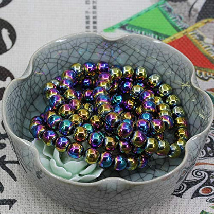 Amandastone Natural Gemstone 10mm Round Beads Stretch Bracelet 7 Inch - color: Aqua Aura Hematite