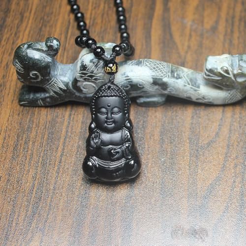 Natural black obsidian rainbow obisidan ice obsidian Maitreya launghing buddha necklace Amulet pendant bead chain - color: black obsidian baby buddha