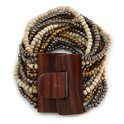 Avalaya Grey/Bronze/Antique White Glass Bead Multistrand Flex Bracelet With Wooden Closure - 19cm L