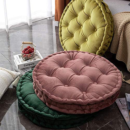 Round Thick Floor Seating Cushions, Solid Tufted Cushion Round Floor Pillow Meditation Pillow with Carrying Handle,Sofa Balcony Tatami Pad (Green), 23.6x23.6inch