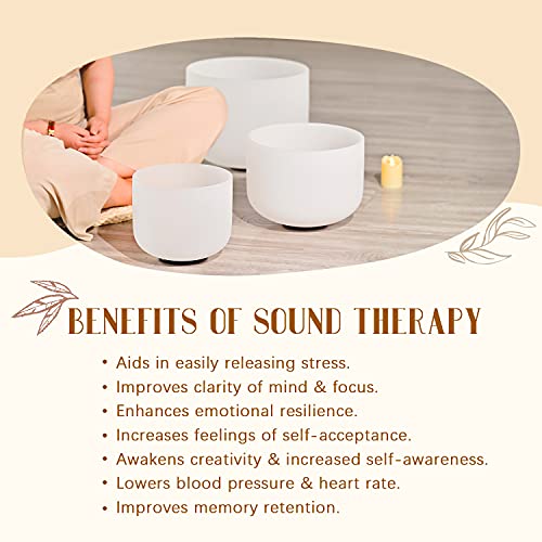 432HZ Sound Healing 8''-12'' Set of 3 Crystal Singing Bowls, Frosted Chakra Quartz Crystal Sound Bowl Set 8'' B Crown, 10'' E Solar Plexus, 12'' C Root with Carry Bags