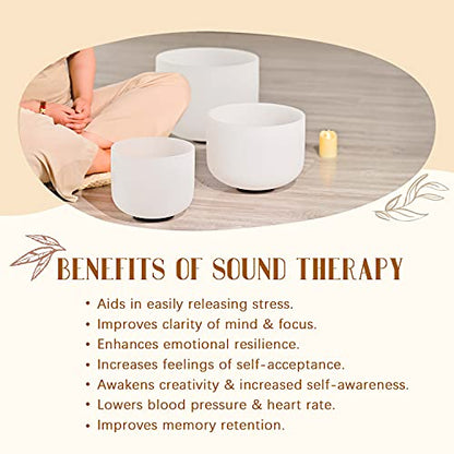 432HZ Sound Healing 8''-12'' Set of 3 Crystal Singing Bowls, Frosted Chakra Quartz Crystal Sound Bowl Set 8'' B Crown, 10'' E Solar Plexus, 12'' C Root with Carry Bags