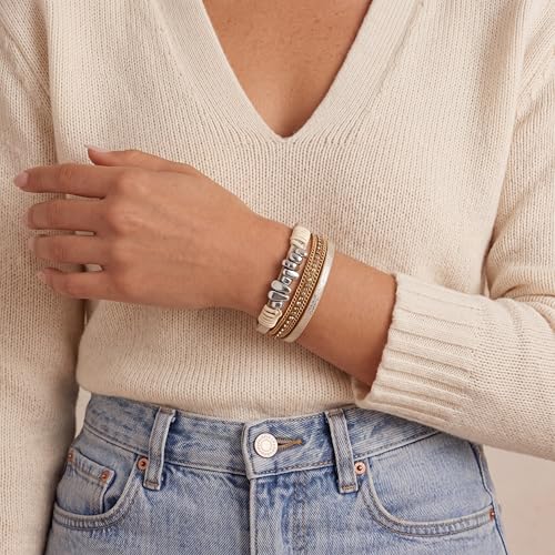 Edoneery Leather Wrap Bracelet for Women, Boho Handmade Multi-Layer Cuff with Crystal Beads Heart, Stackable Bangle Western Jewelry Gift - style: Silver Stone(Beige)