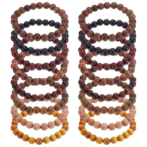 16 Pcs 8 Styles Wooden Beaded Bracelet, Adjustable Elastic Bracelets Natural Sandalwood Round Beaded Stretch Bracelet Friendship Bracelets for Men Women Gifts