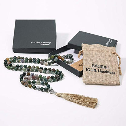 108 Mala Beads Necklace Semi-Precious Gem Stones Meditation Necklace 108 Hand Knotted Japa Mala Beaded Tassel Necklace with Tree of Life Pendant - color: Natural India Agate
