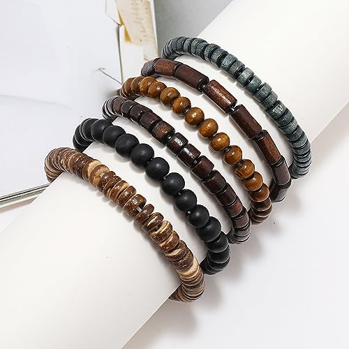 5pcs Wooden Bead Bracelet Set with Charm and Tassel for Men & Women - Stackable Boho Bracelets, Amber Color Scheme Adjustable Bracelet - color: Brown Gray
