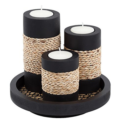 Tealight Candle Holders with Tray – Set of 3 Rustic Black Wooden Candle Holders with Natural Rope Accent, Cozy Centerpiece for Romantic Dinner Table Decor, Anniversary & Housewarming Gifts