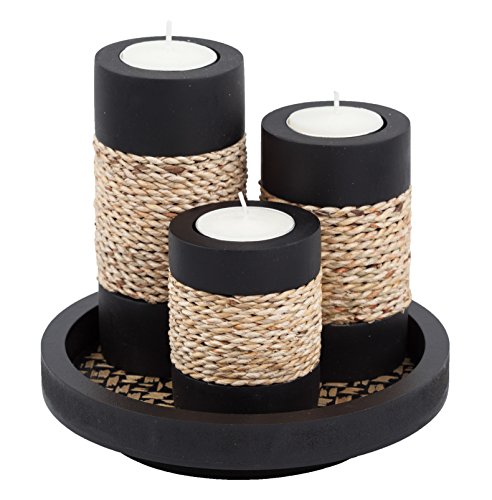 Tealight Candle Holders with Tray – Set of 3 Rustic Black Wooden Candle Holders with Natural Rope Accent, Cozy Centerpiece for Romantic Dinner Table Decor, Anniversary & Housewarming Gifts