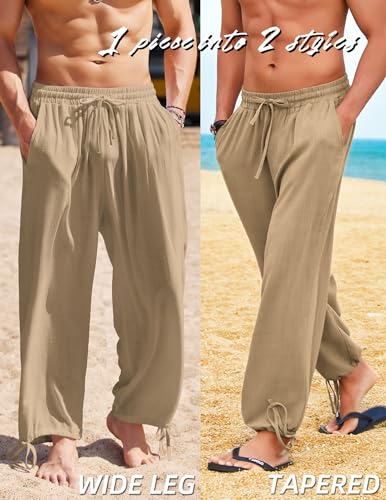 COOFANDY Men's Cotton Linen Pants Casual Harem Pants Elastic Waist Beach Boho Yoga Trousers - color: Dark Khaki, size: Medium