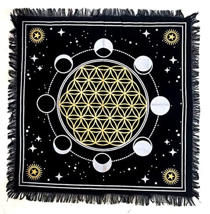 INDACORIFY Moon Phases Altar Table Top Cloth with Fringes Alter Tarot Witchcraft Spread Table Cloth Meditational Cloth 18x18 in (Gold & Silver Moon Phases with Flower of Life) - color: Gold & Silver Moon Phases With Flower of Life