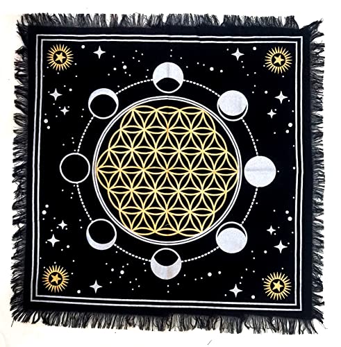 INDACORIFY Moon Phases Altar Table Top Cloth with Fringes Alter Tarot Witchcraft Spread Table Cloth Meditational Cloth 18x18 in (Gold & Silver Moon Phases with Flower of Life) - color: Gold & Silver Moon Phases With Flower of Life