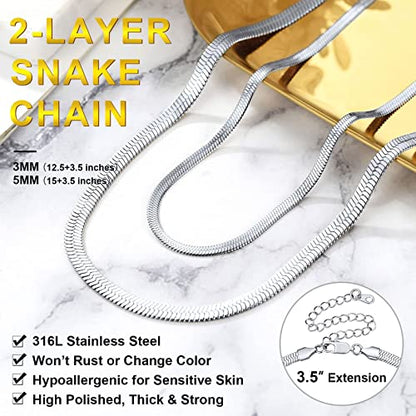 FOCALOOK 14K Gold Plated Necklaces for Women, Fashion Herringbone Choker Necklace Stainless Steel Flat Snake Chain 3/5MM(W) 12.5"/15"/18"+3.5"(L) - color: 5MM-15"&3MM-12.5" Layered-Silver
