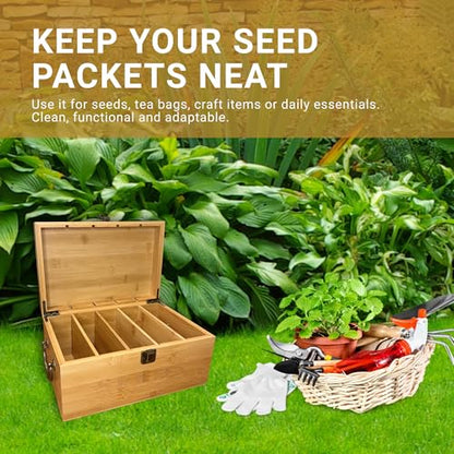 Bamboo Garden Seed Storage Organizer Box, Wooden Seed Box with Removable Dividers, Metal Handle and Latch, Seed Keeper Organizer for Garden Seed Packets and Storage (10.59 x 7 x 5.12 in)