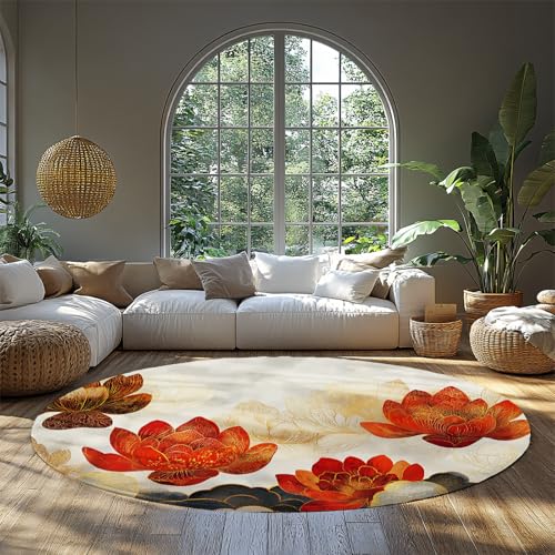 5x5 Rug Oriental Style Round Rugs Meditation Spa Lotus Clouds Floor Carpet Cozy for Bedroom Living Room Study Room Indoor Decor Low Pile Washable - color: Round Area Rugs-40, size: 5' (Round)