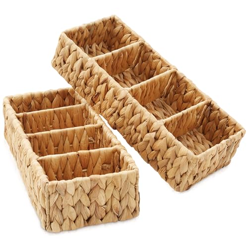 Casafield Set of 2 Water Hyacinth Basket Organizers with 4 Sections, Natural - Woven Storage Bins for Bathroom, Laundry, Pantry, Office, Shelves - color: Natural - Hyacinth, size: 4 Section